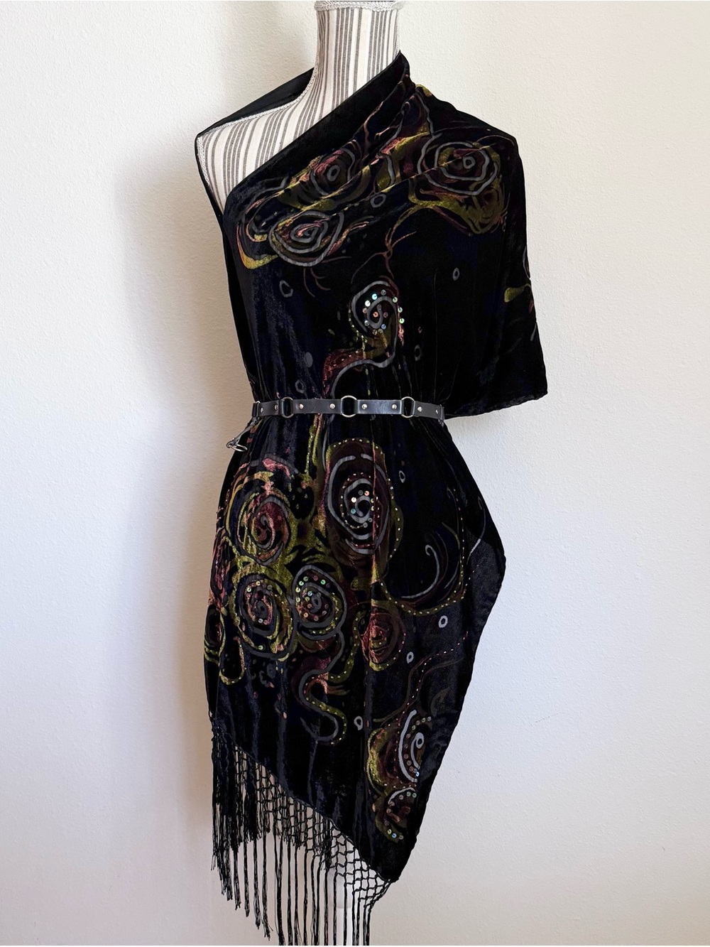 Vintage 90s Black Velvet Beaded Sequin Fringe Poncho Shawl